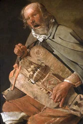 Loire-Atlantique Nr. 093 - Nantes - Musée des Beaux-Arts - „Der Drehleierspieler“ (Detail) (Der Drehleierspieler mit Hut oder Der Drehleierspieler mit Fliege) - von Georges de La Tour (1593-1652) ca. 1625